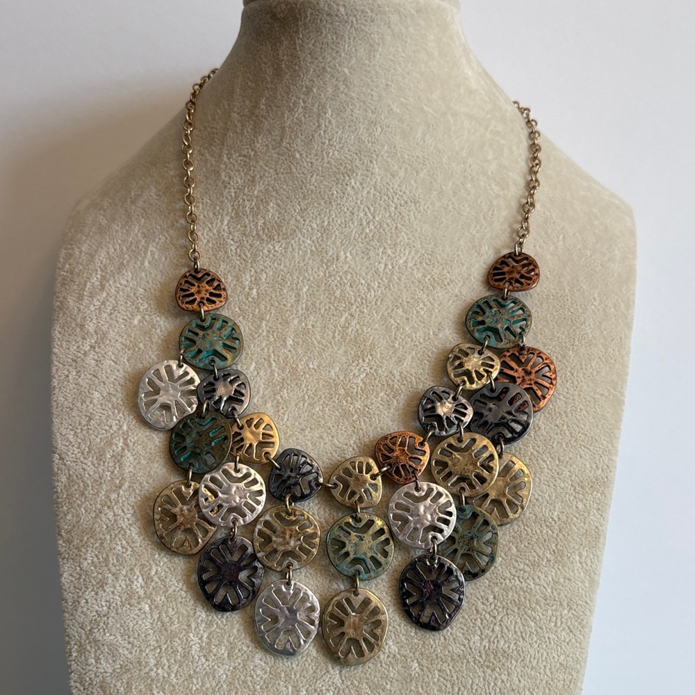 St. Thomas Multicolor Patina Disc Statement Necklace Mixed Metal Bib Boho